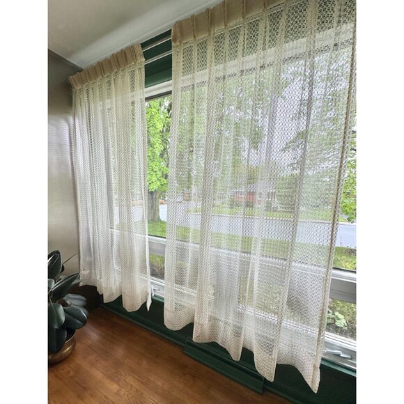 Vintage 70s net woven curtain, cream/off-white mesh, pleated panel, price for 1 - Picture 3 of 9